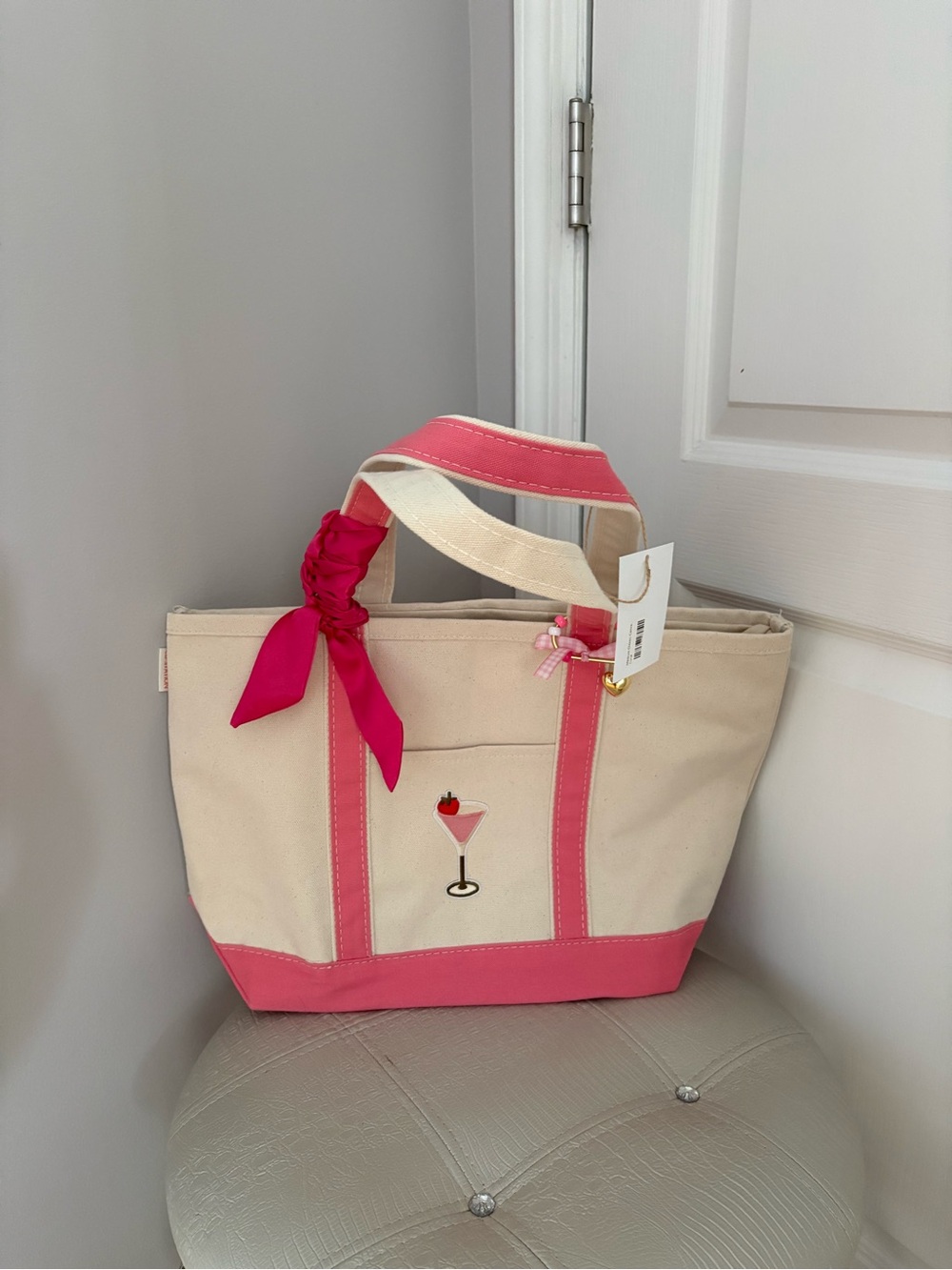 Canvas Tote with Pink Trim and Cocktail Motif
